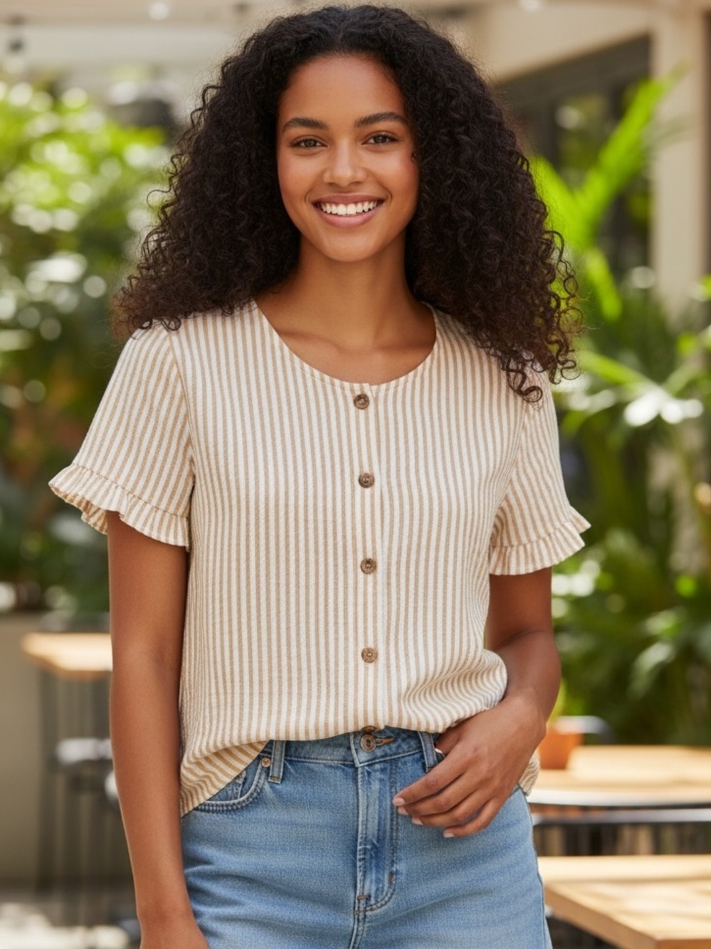 W5 Beige Striped Ruffle Sleeve Button-Front Top